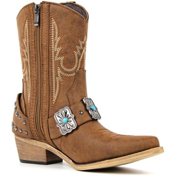 ⚡Women's Brown Ankle High Embroidery Pointed Toe Cowgirl Western Boots - Picture 2 of 6